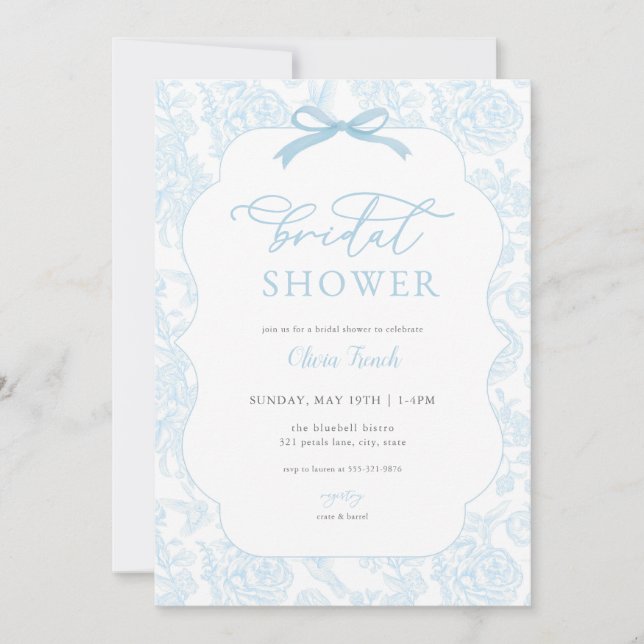 Invitación a ducha de novia Blue Toile De Jouy (Anverso)