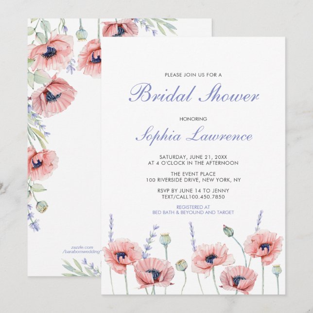 Invitación a ducha de novia Boda de amapola (Anverso / Reverso)