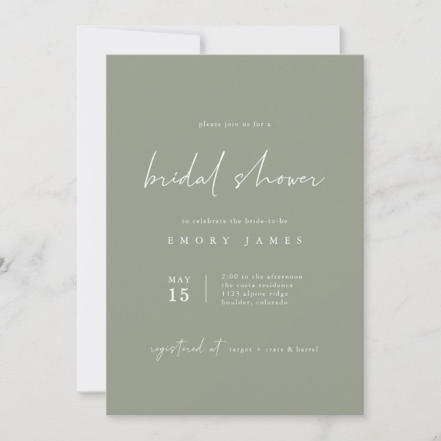 Invitación a ducha de novia bohemias verde sabio (Anverso)