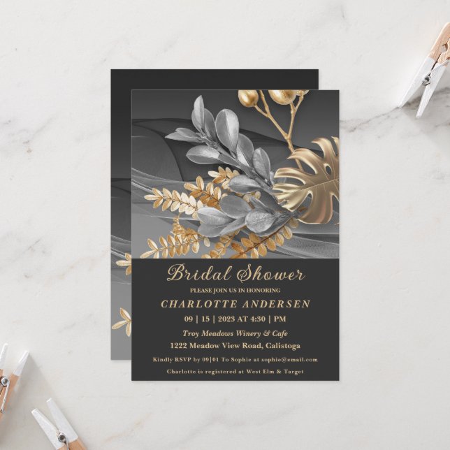 Invitación a ducha de novia botánica de oro y plat (Anverso/Reverso In Situ)