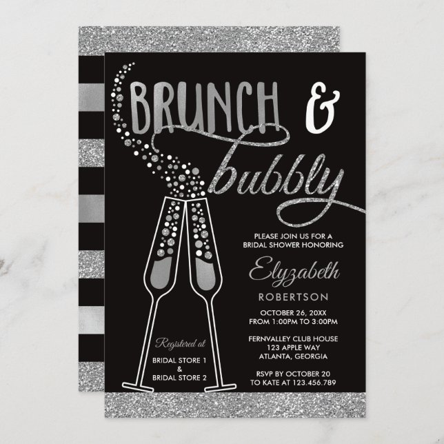 Invitación a ducha de novia Brunch & Bubbly, Plata (Anverso / Reverso)
