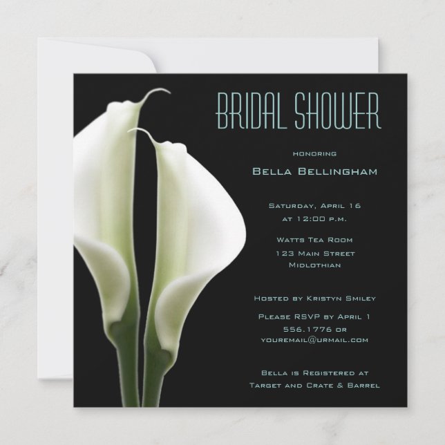 Invitación a ducha de novia Calla Lillies en Aqua (Anverso)