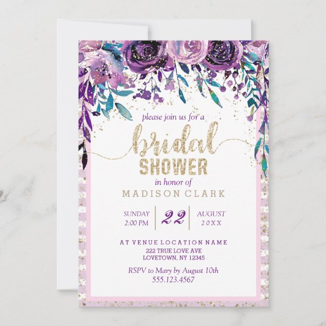 Invitación a ducha de novia con champán morado (Anverso)