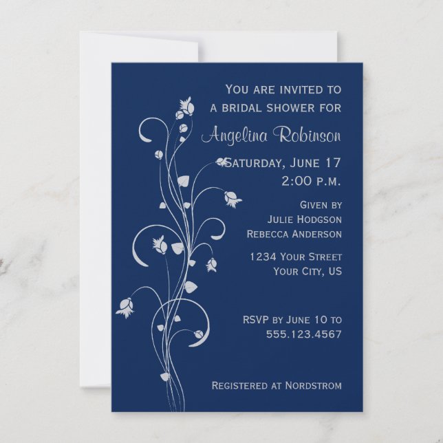 Invitación a ducha de novia con diseño floral gris (Anverso)