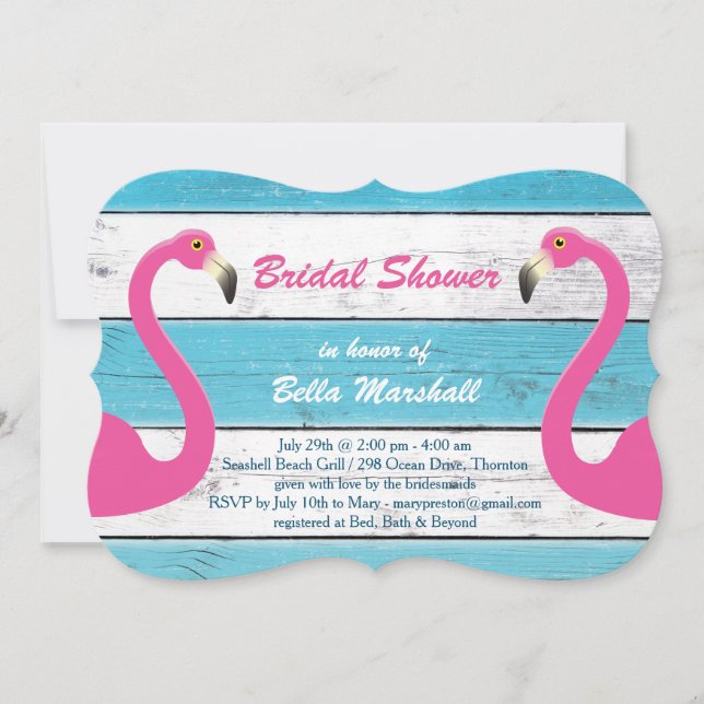 Invitación a ducha de novia con flamencos azules y (Anverso)