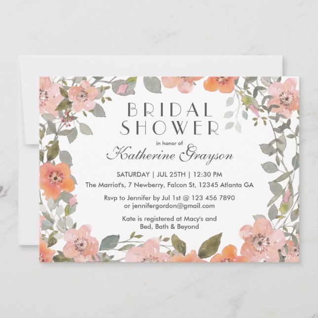 Invitación a ducha de novia con flor de color de a (Anverso)
