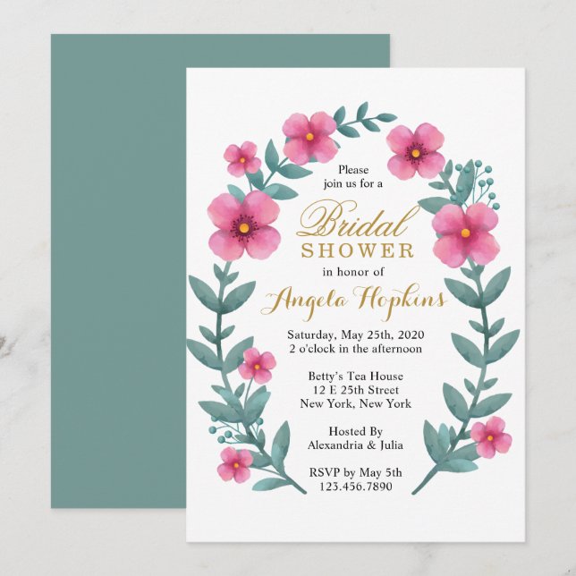 Invitación a ducha de novia con flor rosada Wreath (Anverso / Reverso)