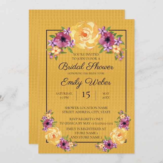 Invitación a ducha de novia con flores amarillas (Anverso / Reverso)