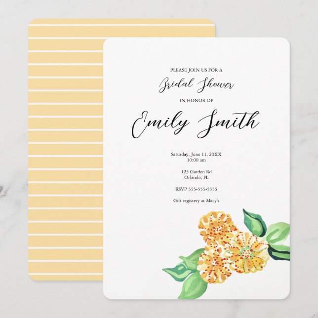 Invitación a ducha de novia con flores amarillas (Anverso / Reverso)