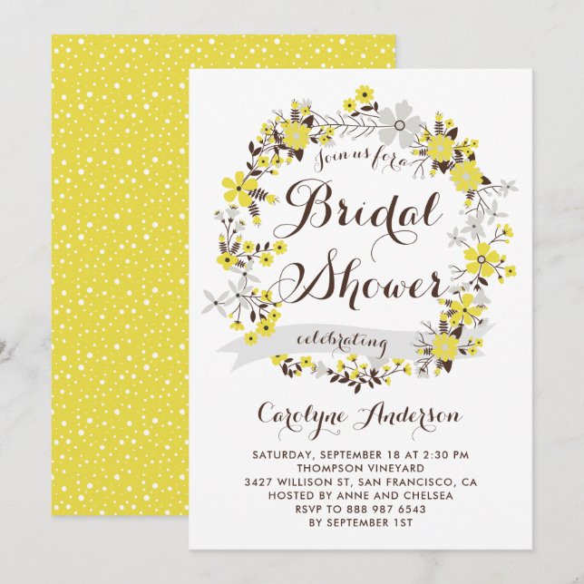Invitación a ducha de novia con flores amarillas W (Anverso / Reverso)