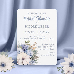Invitación a ducha de novia con flores azules blan