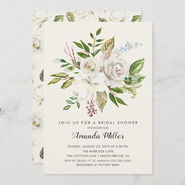 Invitación a ducha de novia con flores blancas (Anverso / Reverso)