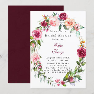 Invitación a ducha de novia con flores de borgoña