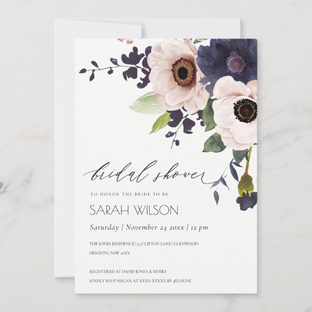 Invitación a ducha de novia con flores de la marin (Anverso)