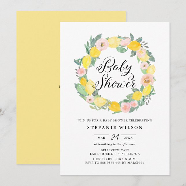Invitación a ducha de novia con flores de limón y  (Anverso / Reverso)