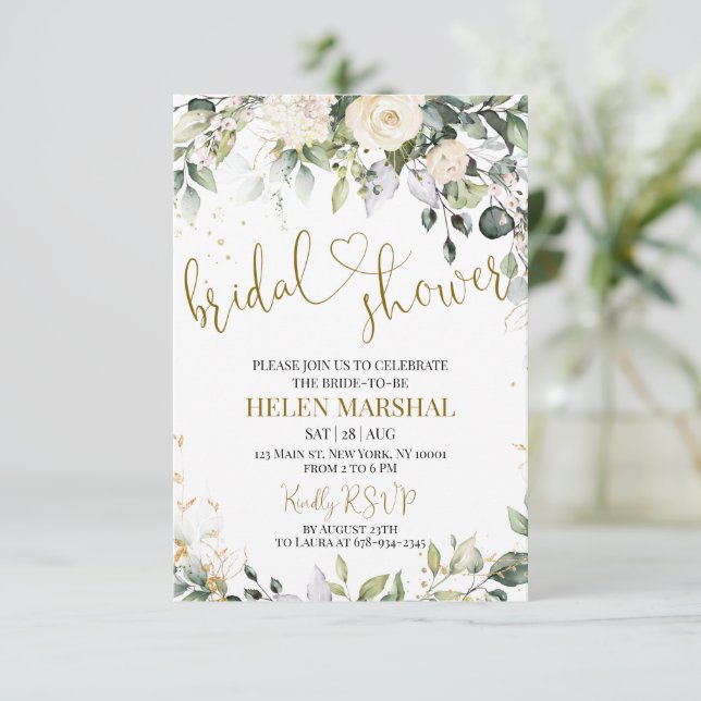 Invitación a ducha de novia con flores de marfil (Anverso de pie)