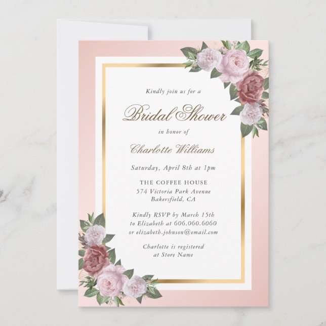 Invitación a ducha de novia con flores de oro rosa (Anverso)