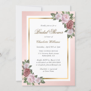 Invitación a ducha de novia con flores de oro rosa