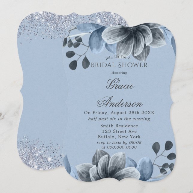 Invitación a ducha de novia con flores de plata az (Anverso / Reverso)