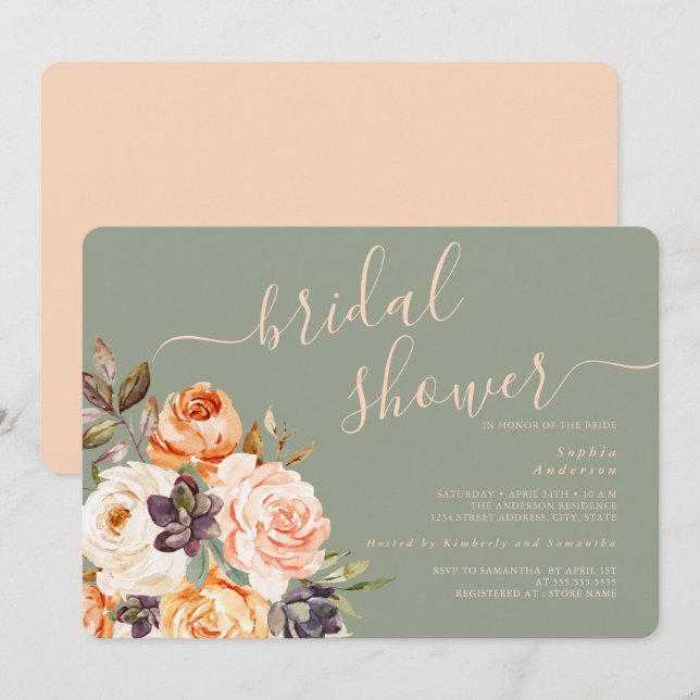 Invitación a ducha de novia con flores de salvia d (Anverso / Reverso)