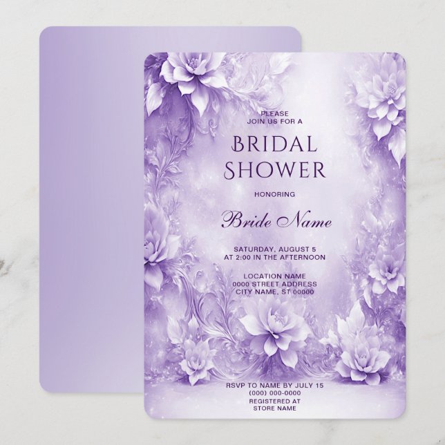 Invitación a ducha de novia con flores moradas bla (Anverso / Reverso)