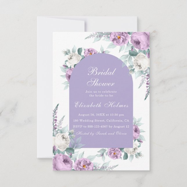 Invitación a ducha de novia con flores moradas de  (Anverso)