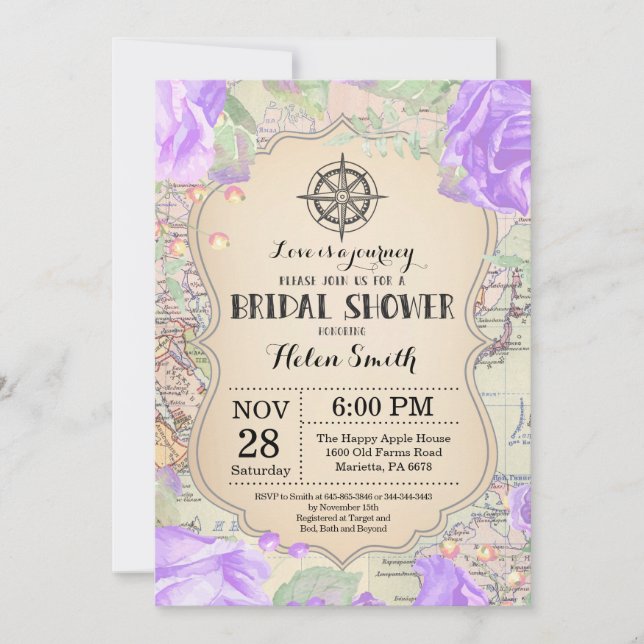 Invitación a ducha de novia con flores moradas de  (Anverso)