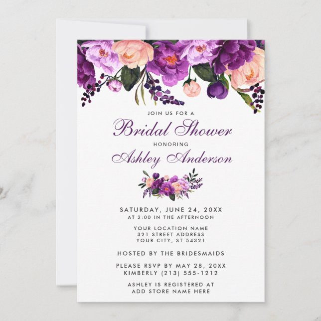 Invitación a ducha de novia con flores moradas ult (Anverso)