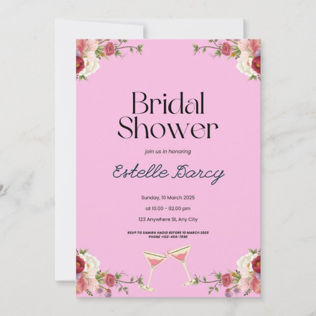 Invitación a ducha de novia con flores rosadas (Anverso)