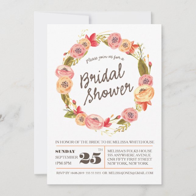 Invitación a ducha de novia con flores rusticas de (Anverso)