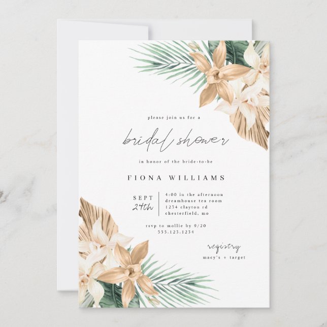 Invitación a ducha de novia con flores tropicales  (Anverso)