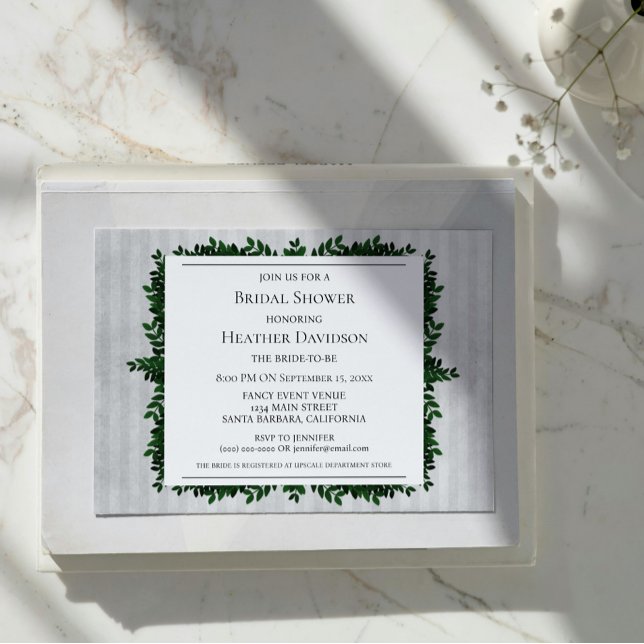 Invitación a ducha de novia con follaje rayado gri (Gray Vintage Striped Foliage Bridal Shower Invite)