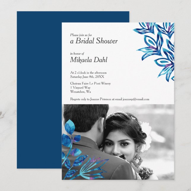 Invitación a ducha de novia con foto de Floral azu (Anverso / Reverso)
