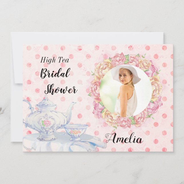 Invitación a ducha de novia con foto de té de alta (Anverso)