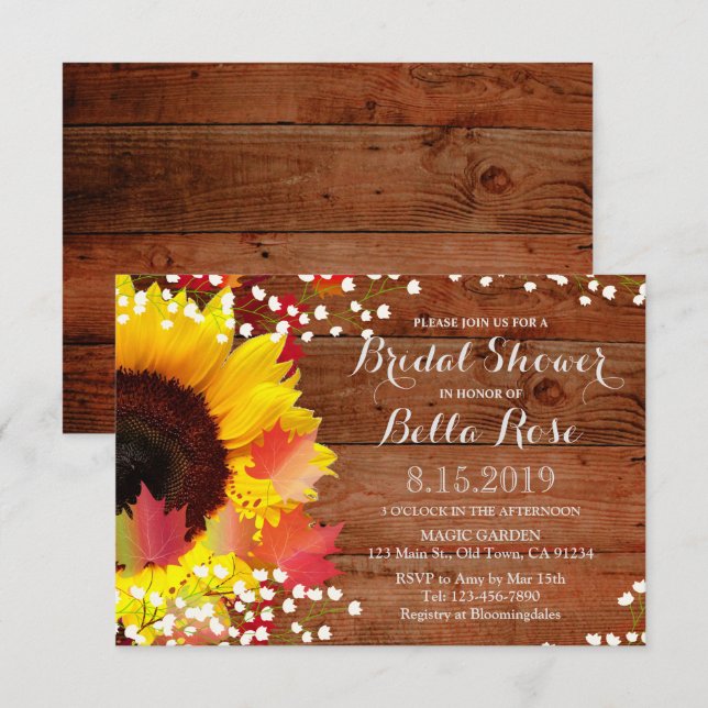 Invitación a ducha de novia con girasol rústico (Anverso / Reverso)