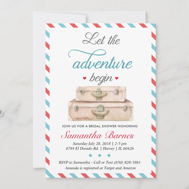 Invitación a ducha de novia con maleta de aventura (Anverso)