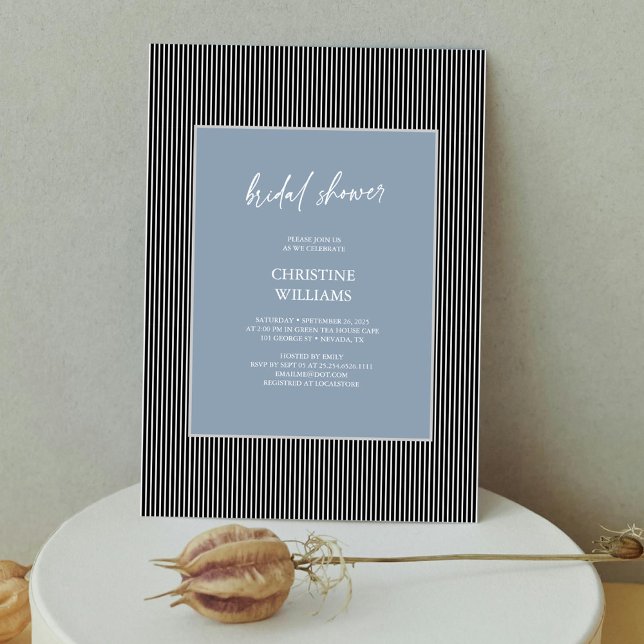 Invitación a ducha de novia con marco de rayas azu (Gorgeous Dusty Blue: Modern Stripes Bridal Shower Invitation Personalized)