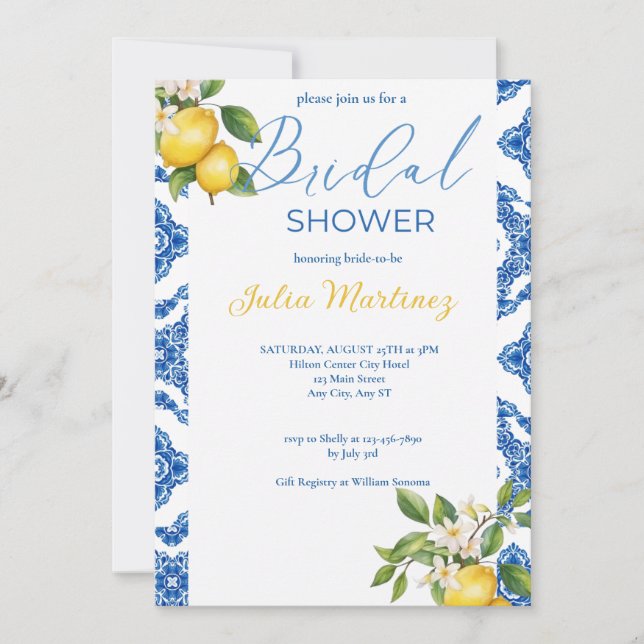 Invitación a ducha de novia con mosaico azul de li (Anverso)