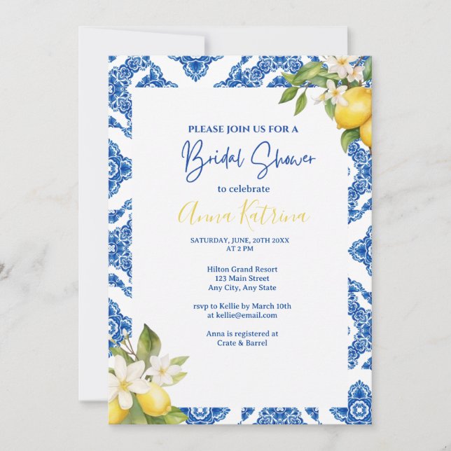 Invitación a ducha de novia con mosaico azul de li (Anverso)