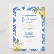 Invitación a ducha de novia con mosaico azul de li