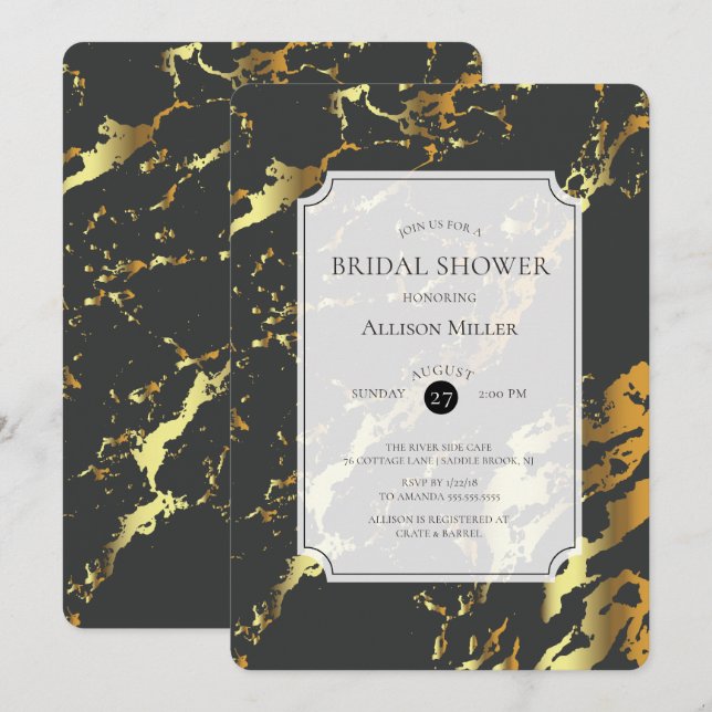 Invitación a ducha de novia con oro negro de mármo (Anverso / Reverso)