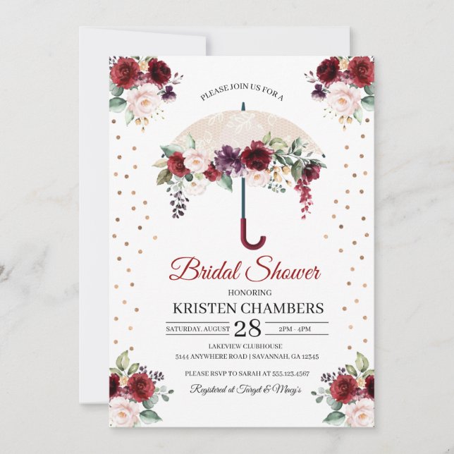 Invitación a ducha de novia con paraguas florales  (Anverso)