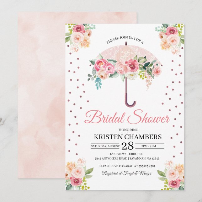 Invitación a ducha de novia con paraguas florales  (Anverso / Reverso)