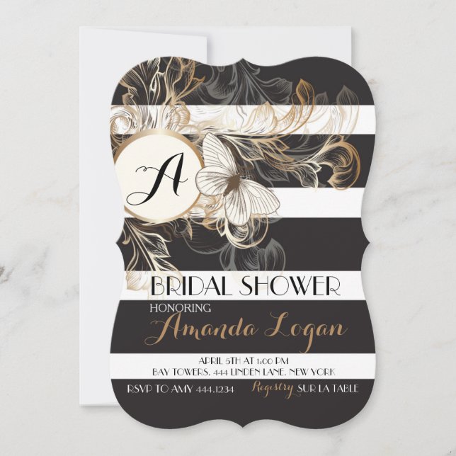 Invitación a ducha de novia con rayas florales de  (Anverso)