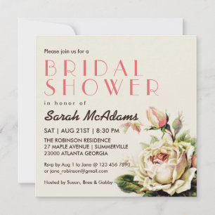 Invitación a ducha de novia con rosa blanca vintag