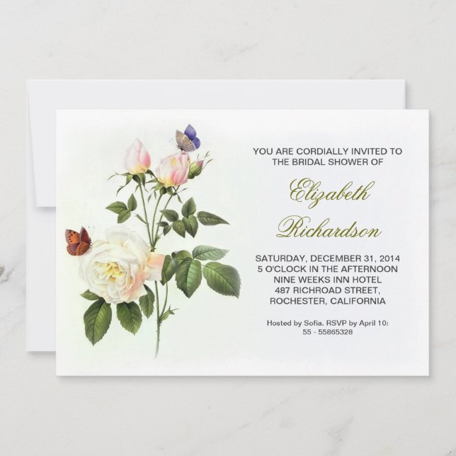 invitación a ducha de novia con rosas blancas (Anverso)