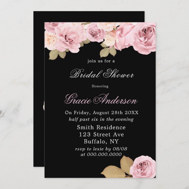 Invitación a ducha de novia con rosas rosas rosas  (Anverso / Reverso)