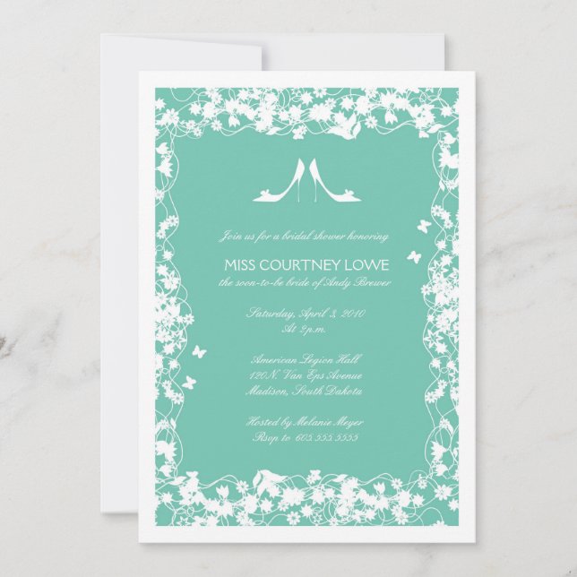Invitación a ducha de novia con tacones verdes de  (Anverso)