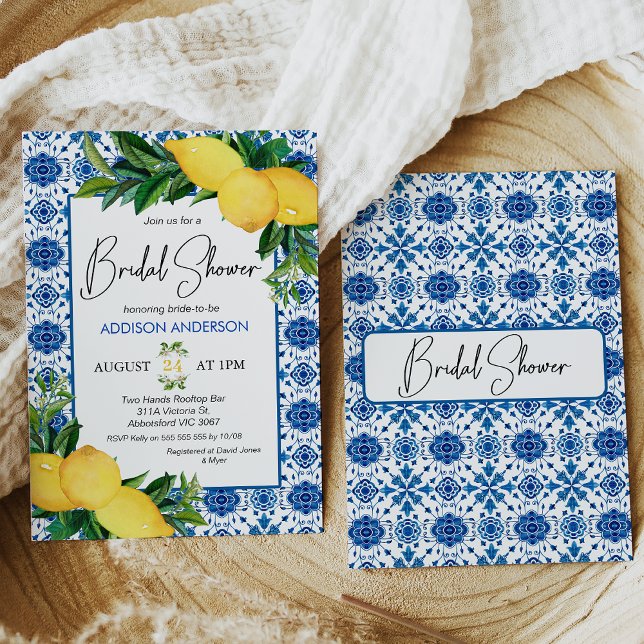 Invitación a ducha de novia con tema de limón azul (Mediterranean blue tile, lemons and foliage bridal shower invitation with modern calligraphy heading)