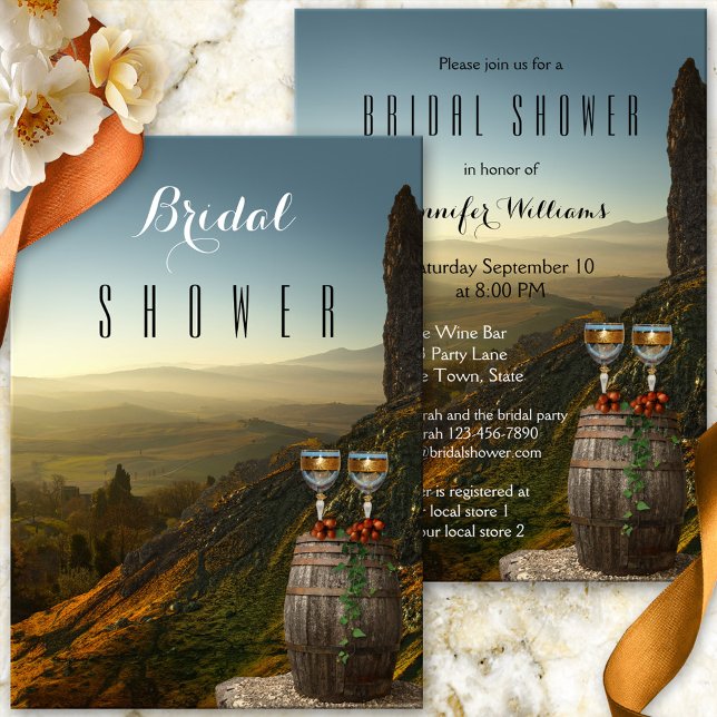 Invitación a ducha de novia con temas de vino de v (Wine bridal shower invitation showing a painted landscape with wine glasses and grapes on a barrel)